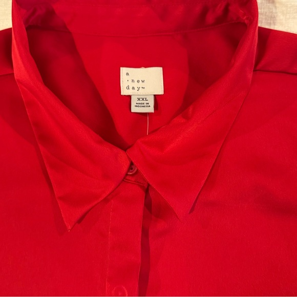 Long Sleeve Collared Satin Button Down Shirt Scarlet Red. Size:2XL - Picture 5 of 8